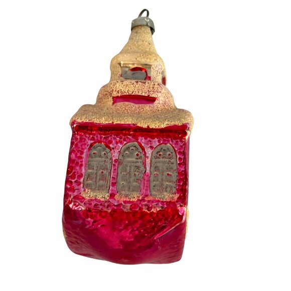 Vintage 3.75" West Germany Glass Church Ornament Red Mica Snow Steeple 1950 - Picture 6 of 8